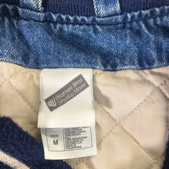 Vintage 90s WARNER BROS@LOONY TUNES Denim Varsity insulated Bomber Jacket Medium - Picture 7 of 13